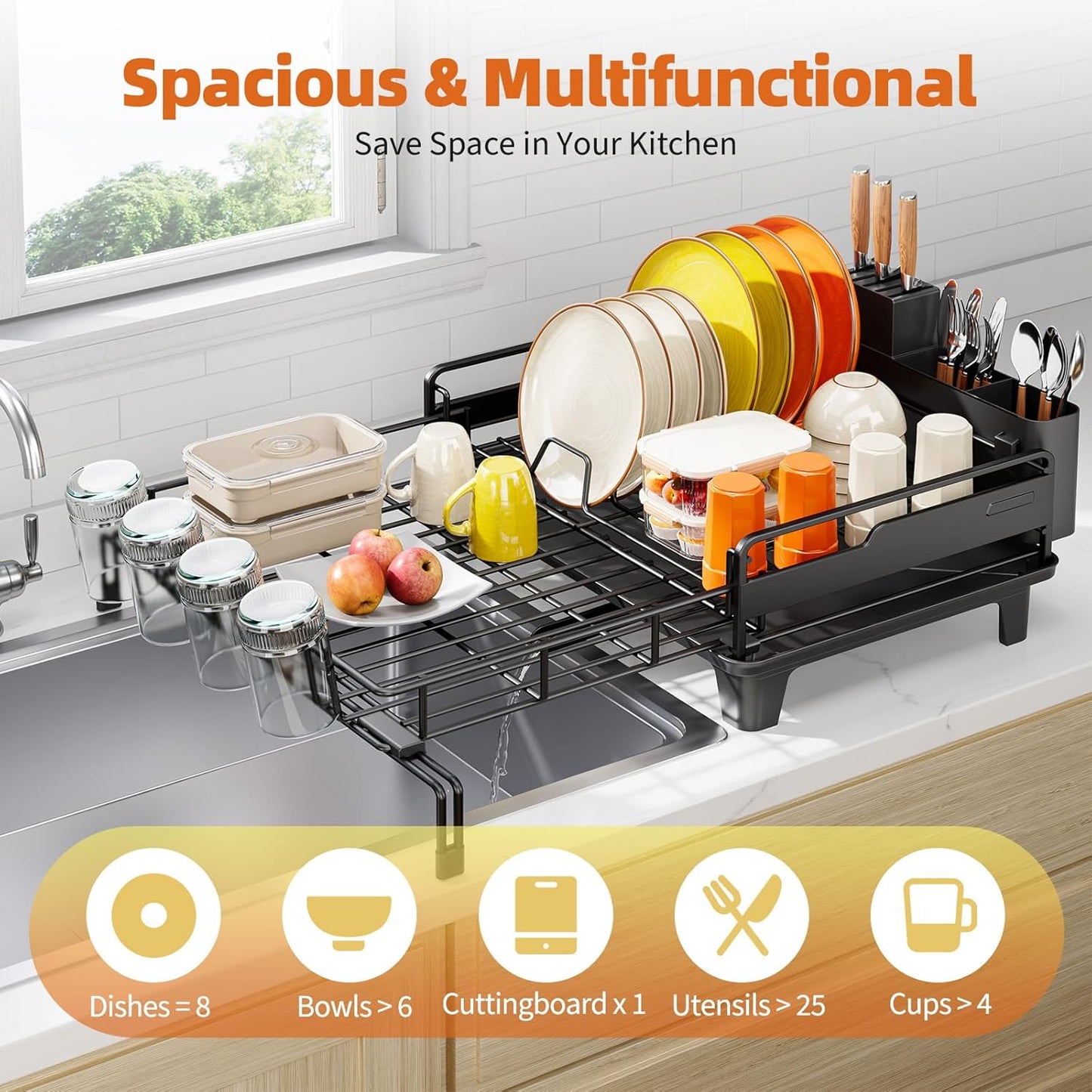 Dish Drying Rack - Extendable Dish Drainer, Large Dish Rack for Kitchen Counter, Rustproof Dish