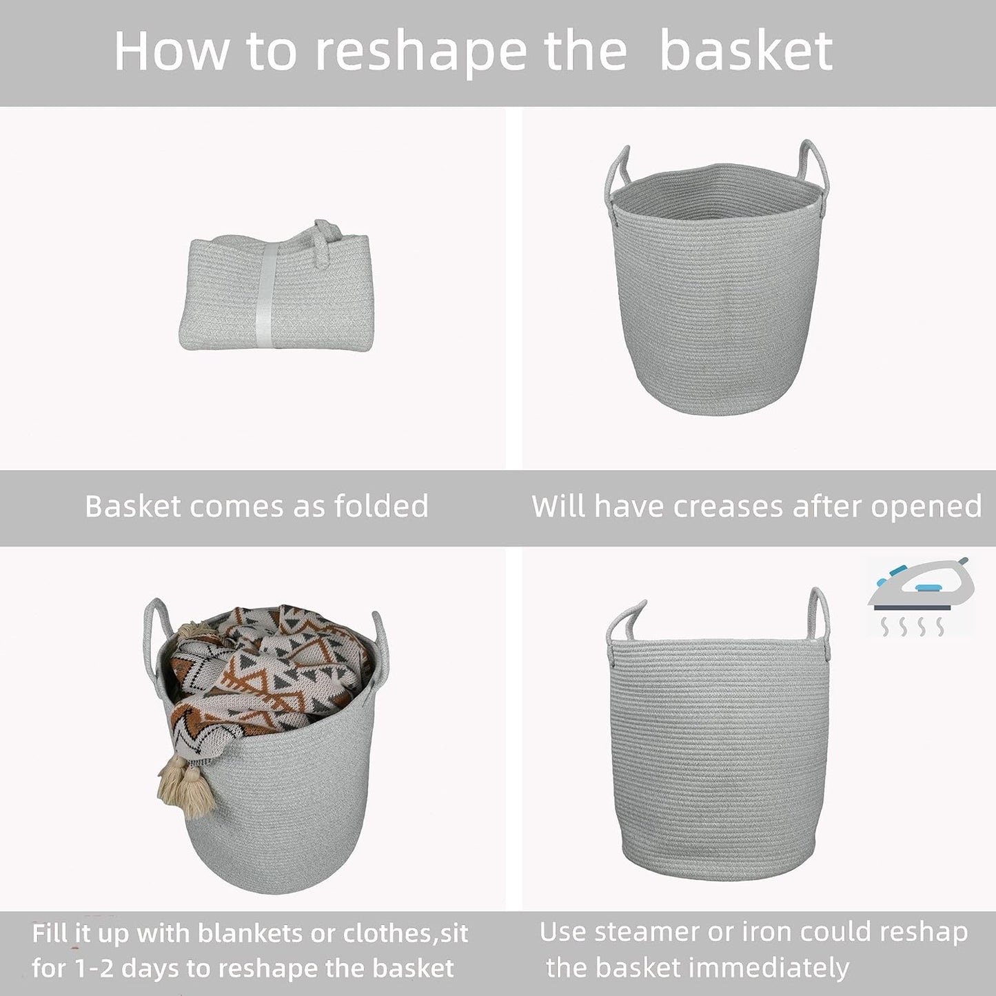 Cotton Rope Laundry Basket Hamper for Clothes Woven Storage Basket for Living Room Bedroom Boho
