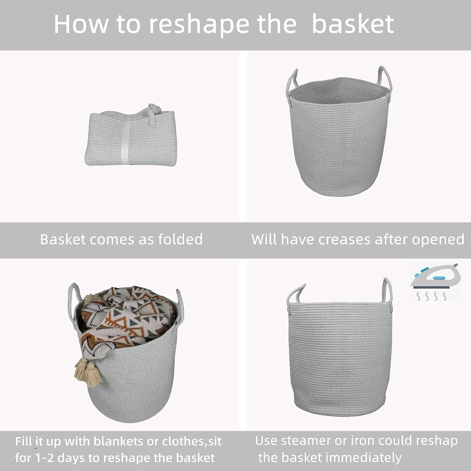 Cotton Rope Laundry Basket Hamper for Clothes Woven Storage Basket for Living Room Bedroom Boho
