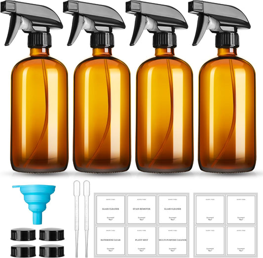 16oz Amber Glass Spray Bottles,4 Pack Glass Spray Bottles Refillable Empty Bottle with Adjustable