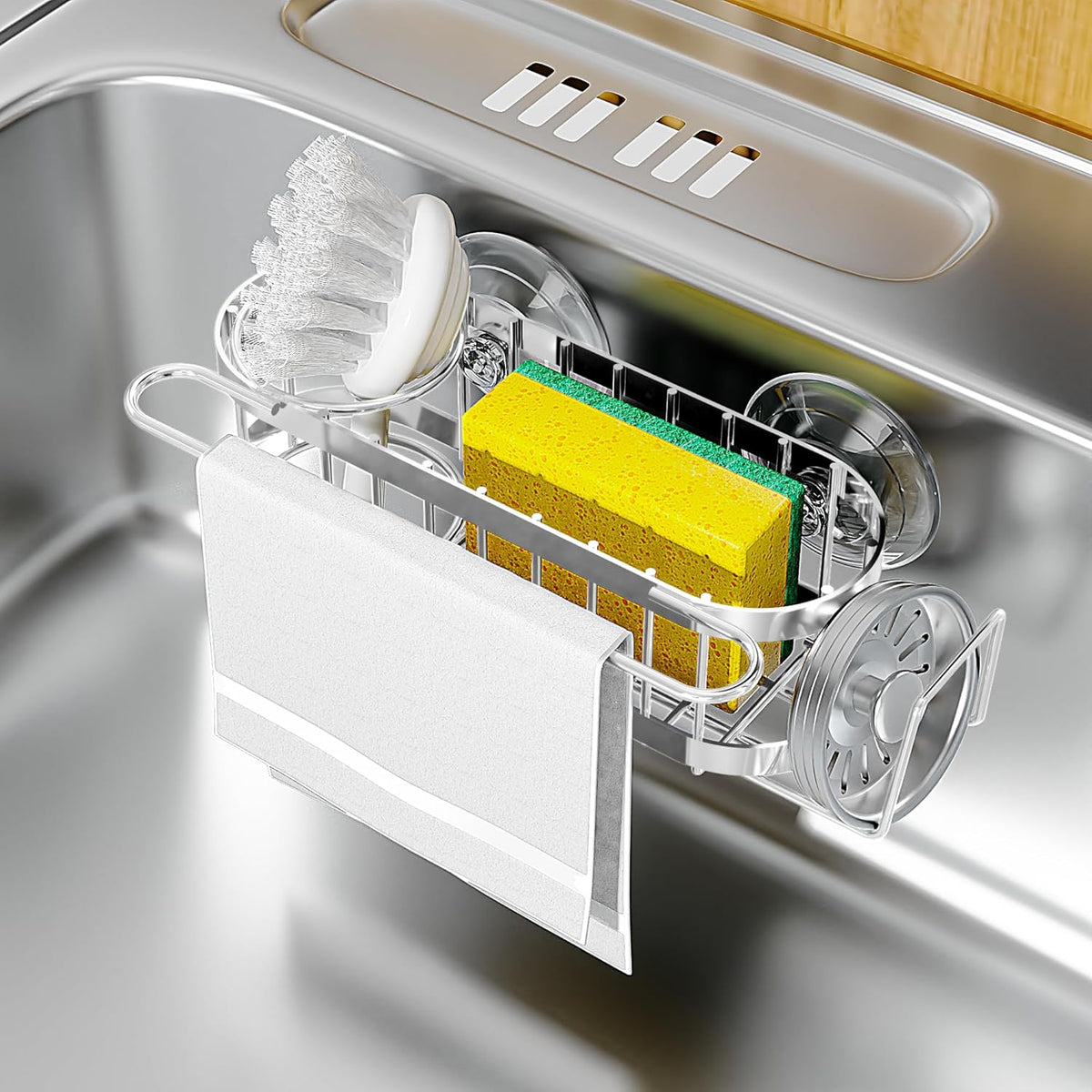 Cisily Kitchen Sink Caddy Sponge Holder in The Sink, Stainless Steel Kitchen Sink Organizer, Brush
