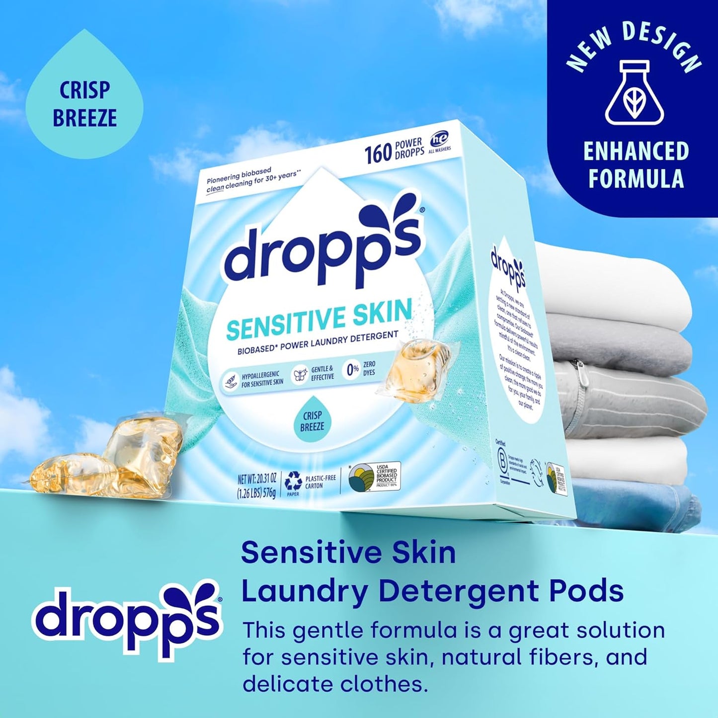 Dropps Sensitive Skin Laundry Detergent Pods, Crisp Breeze (160 Count) - Dermatologist Tested