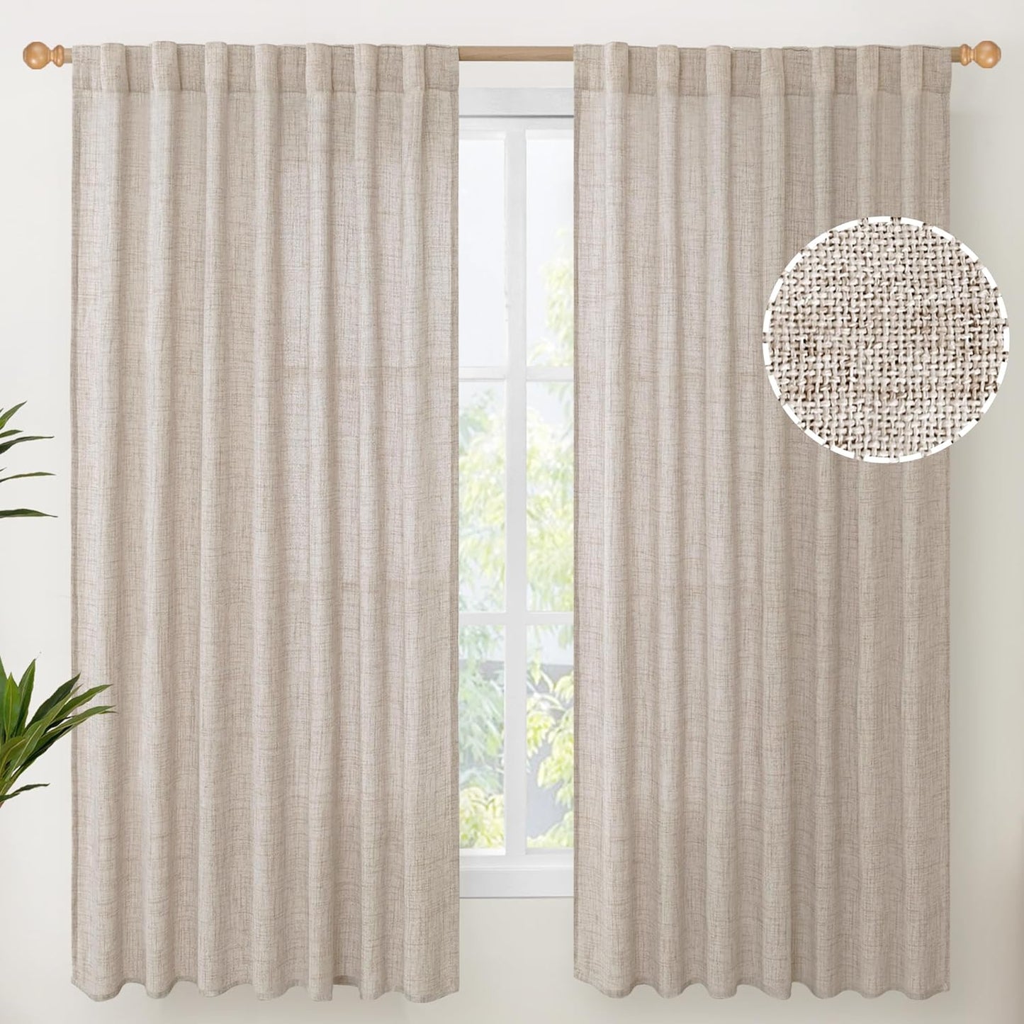 YoungsTex Natural Linen Curtains 60 Inch Wide Back Tab Textured Window Drapes 63 Inch Window Length