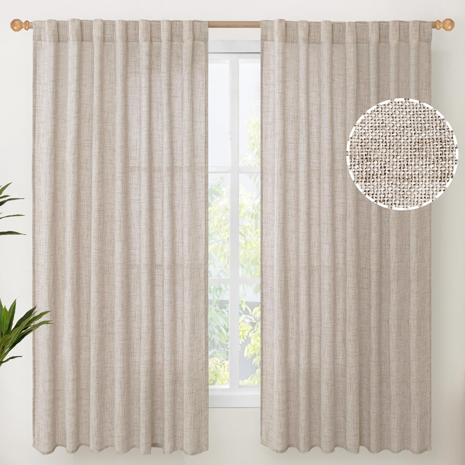 YoungsTex Natural Linen Curtains 60 Inch Wide Back Tab Textured Window Drapes 63 Inch Window Length