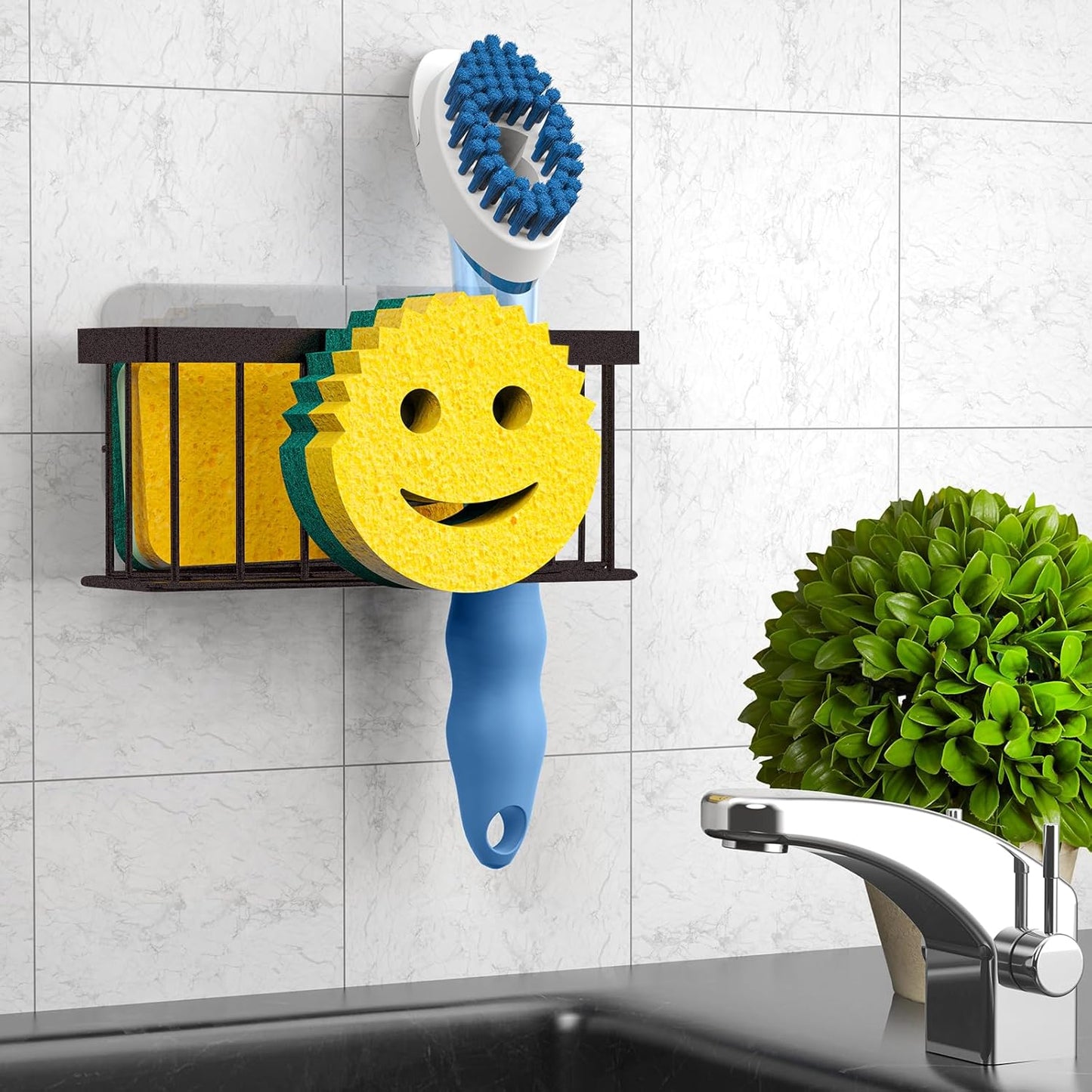 Sponge Holder Smiley Face,Sink Caddy,Sink Organizer with 2 Suction Cups/1 Adhesive Strips,Designed