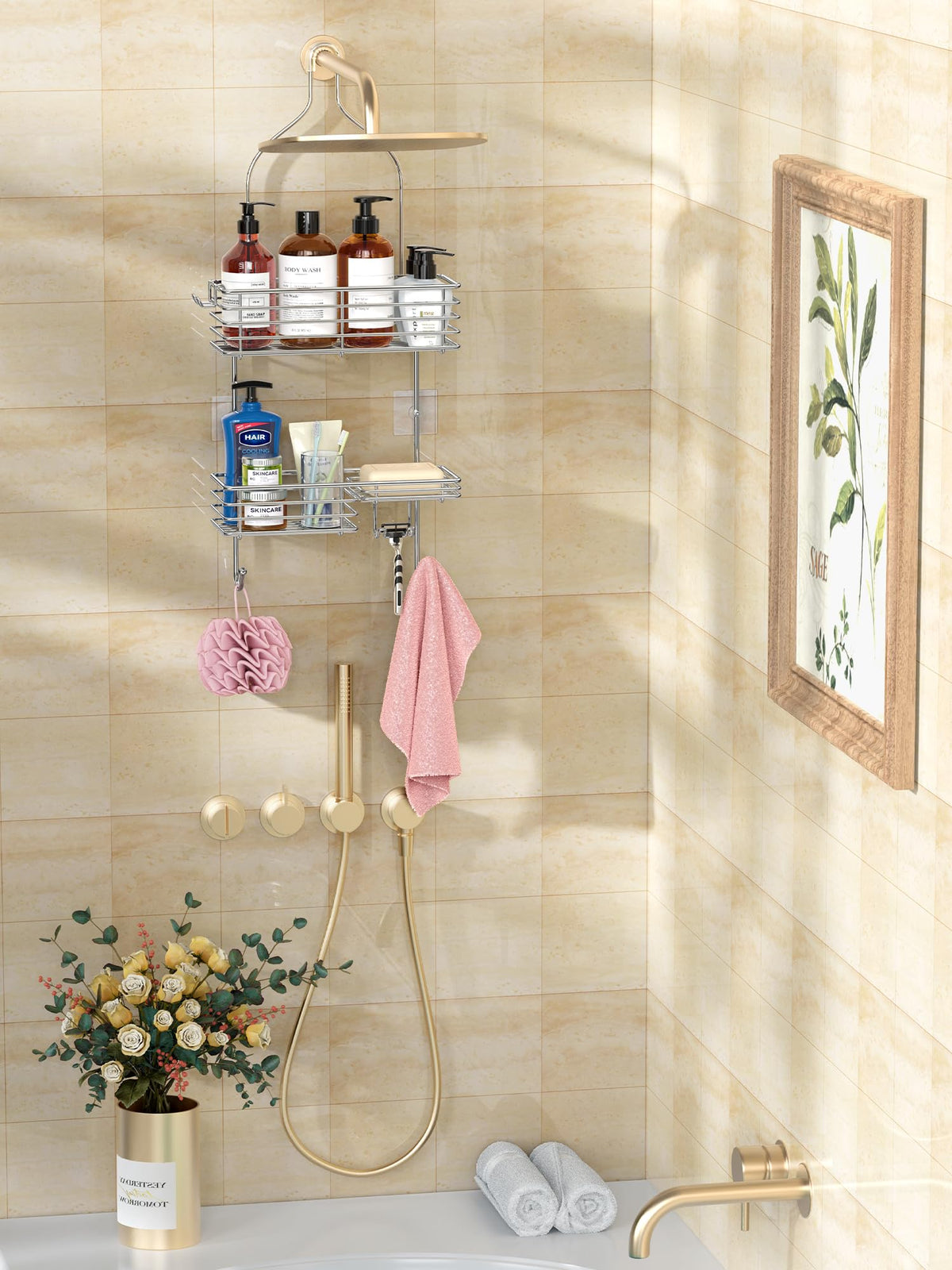 SMARTAKE Hanging Shower Head Caddy, Shower Shelf Organizer, Silver