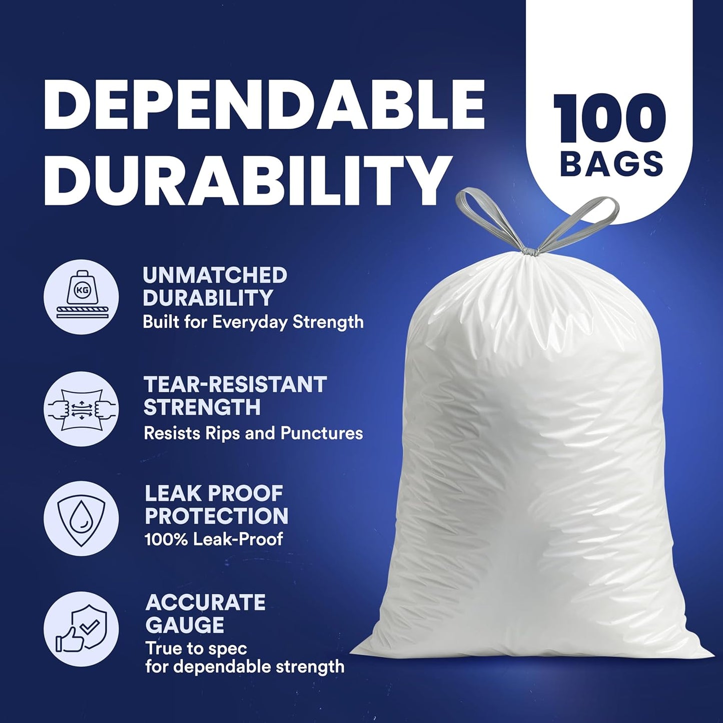 Plasticplace 6 Gallon Trash Bags White Drawstring Garbage Can Liners, 17” x 20”, 100 Count, for