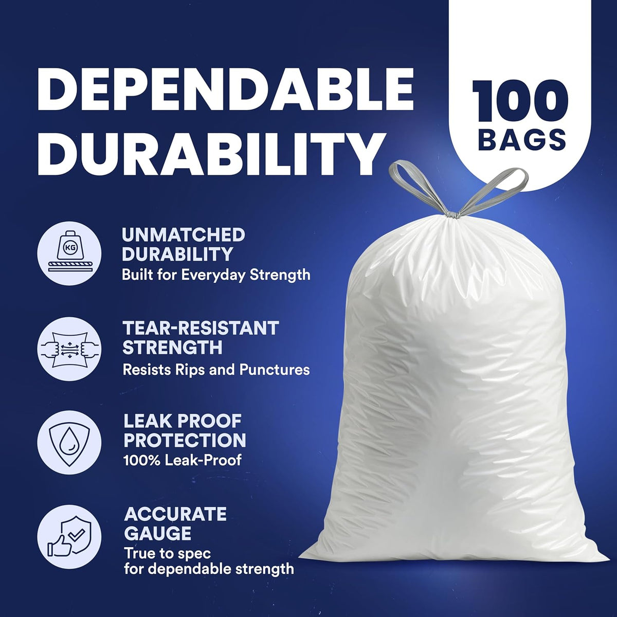 Plasticplace 6 Gallon Trash Bags White Drawstring Garbage Can Liners, 17” x 20”, 100 Count, for