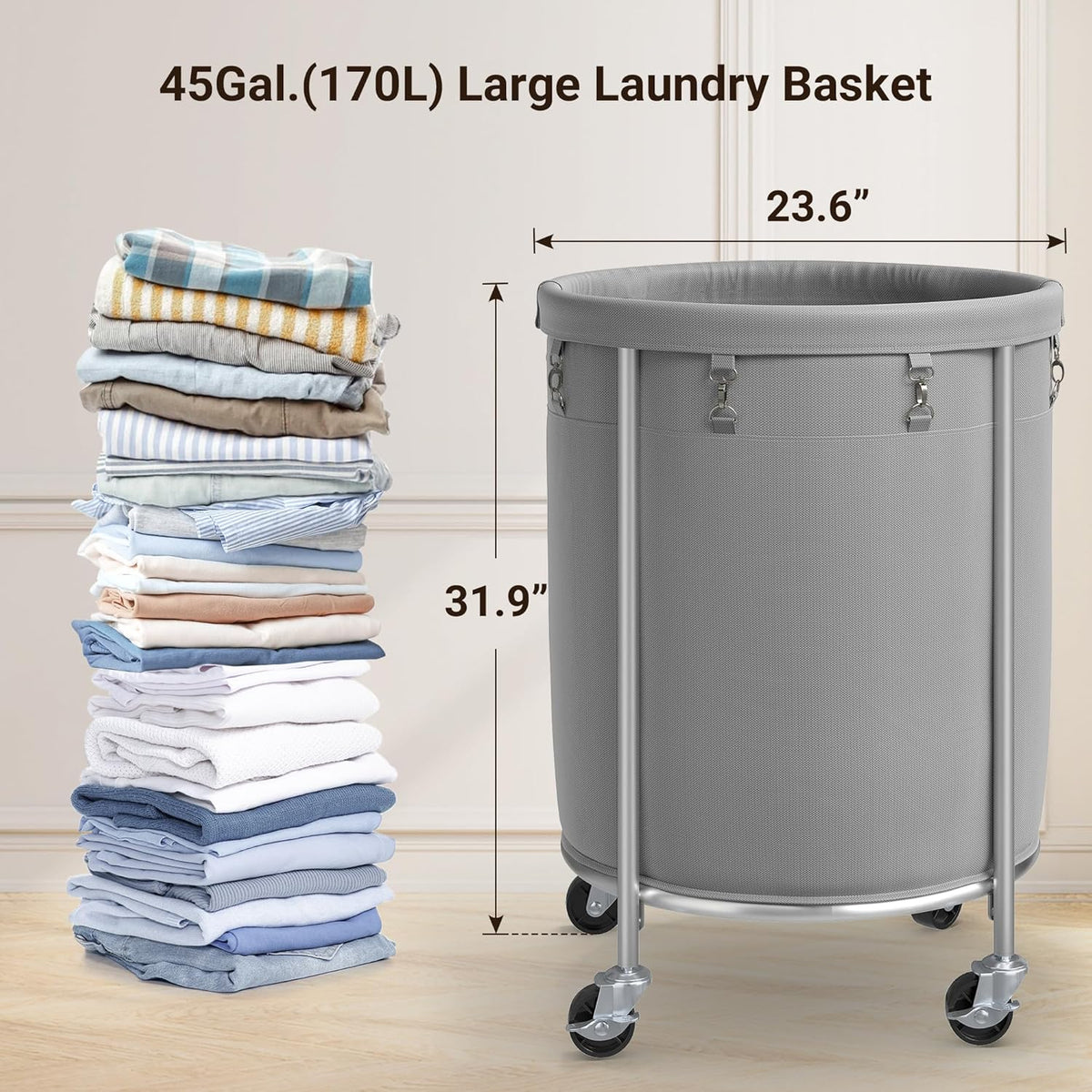 ELYKEN Laundry Basket with Wheels, 45 Gallons Rolling Laundry Hamper with Removable Bag and Steel