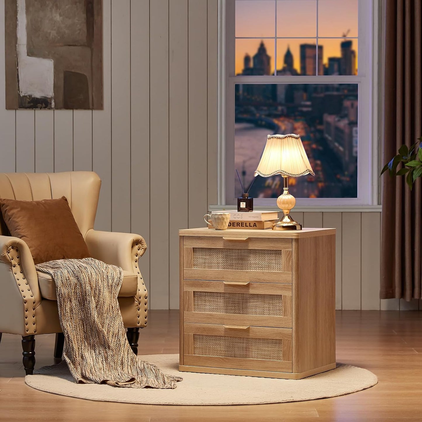 LEYAOYAO Rattan Night Stand with Drawers, 23" Large 3 Drawer Boho Nightstand, Natural Wood Bedside