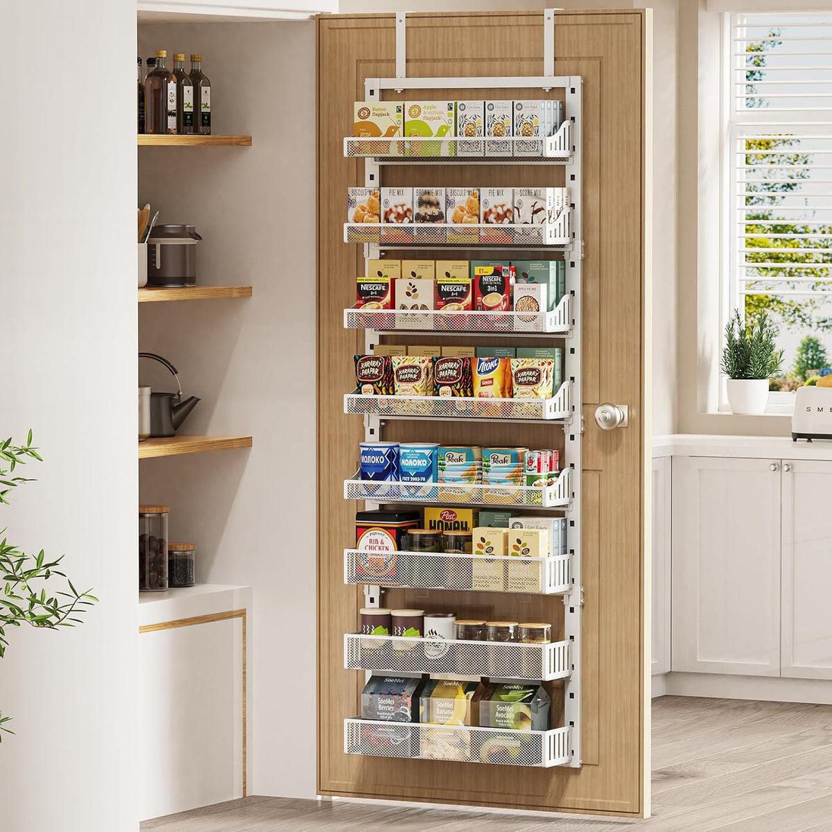 Over the Door Pantry Organizer 8-Tier, Large Metal Door Spice Rack with Adjustable Basket, 2 in 1
