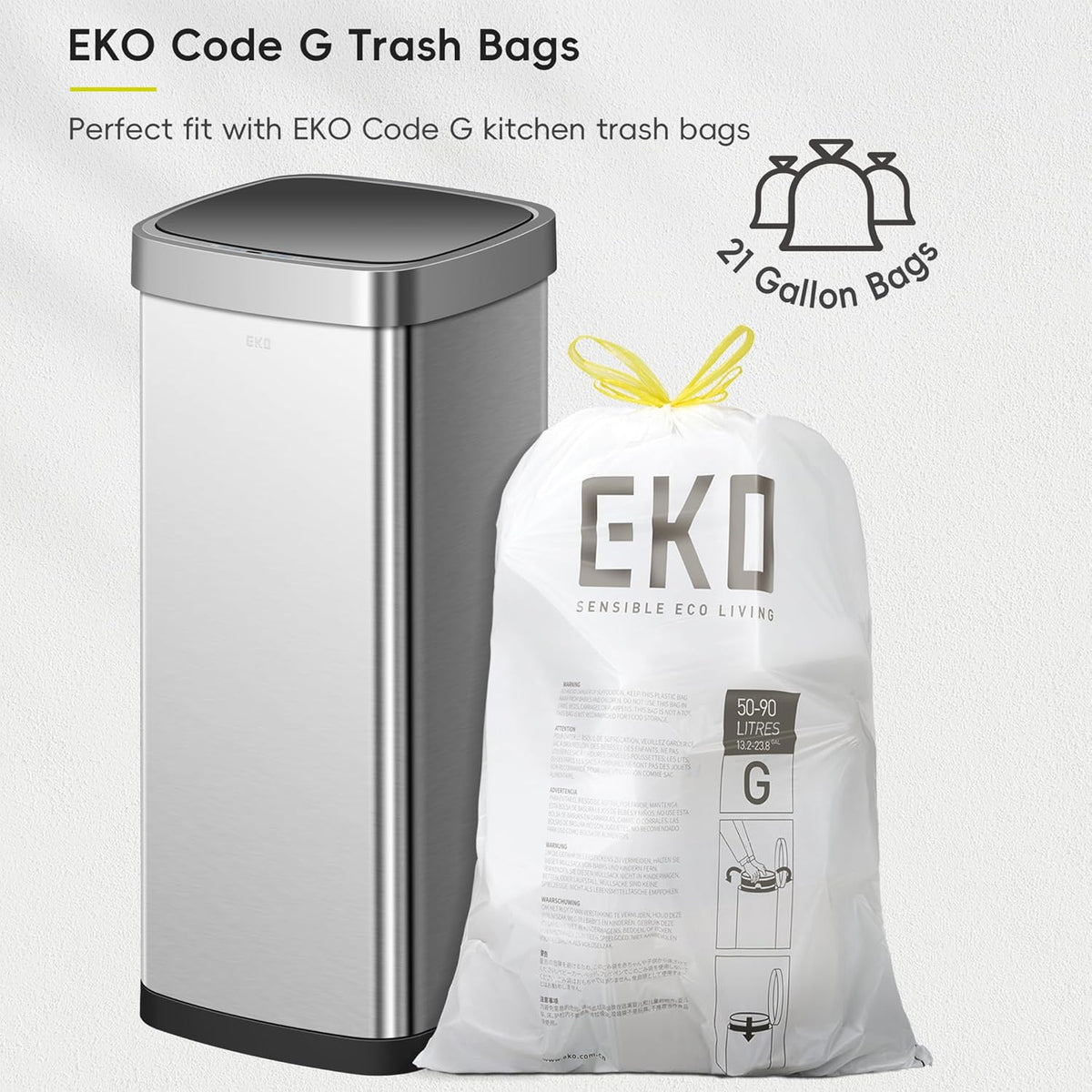 EKO EcoSmart Tall and Large Kitchen Trash Can, 80L/21.1G High Capacity, Touchless Soft Square