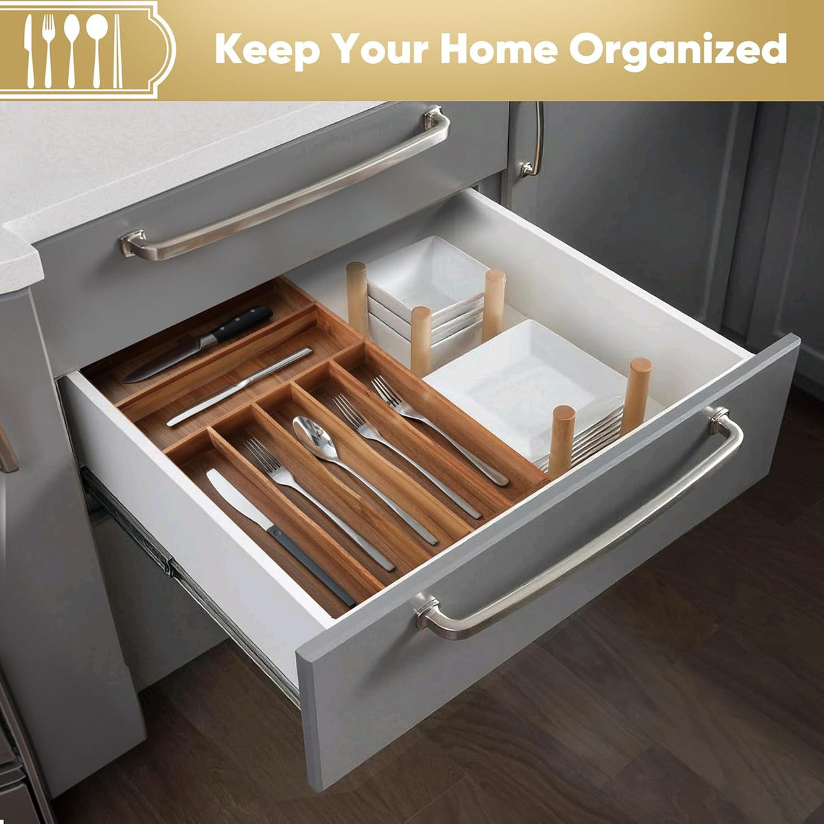 Silverware Organizer, 12.5 Inch Utensil Organizer Kitchen Drawer Organizer Acacia Silverware Holder