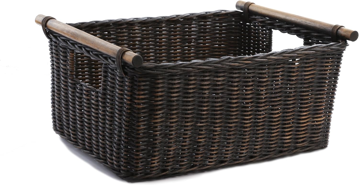 The Basket Lady Pole Handle Wicker Storage Basket, Large, 18 in L x 14.5 in W x 9 in H, Antique