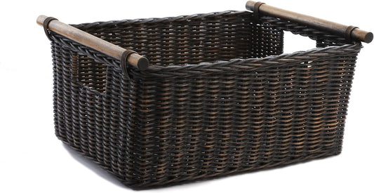 The Basket Lady Pole Handle Wicker Storage Basket, Large, 18 in L x 14.5 in W x 9 in H, Antique