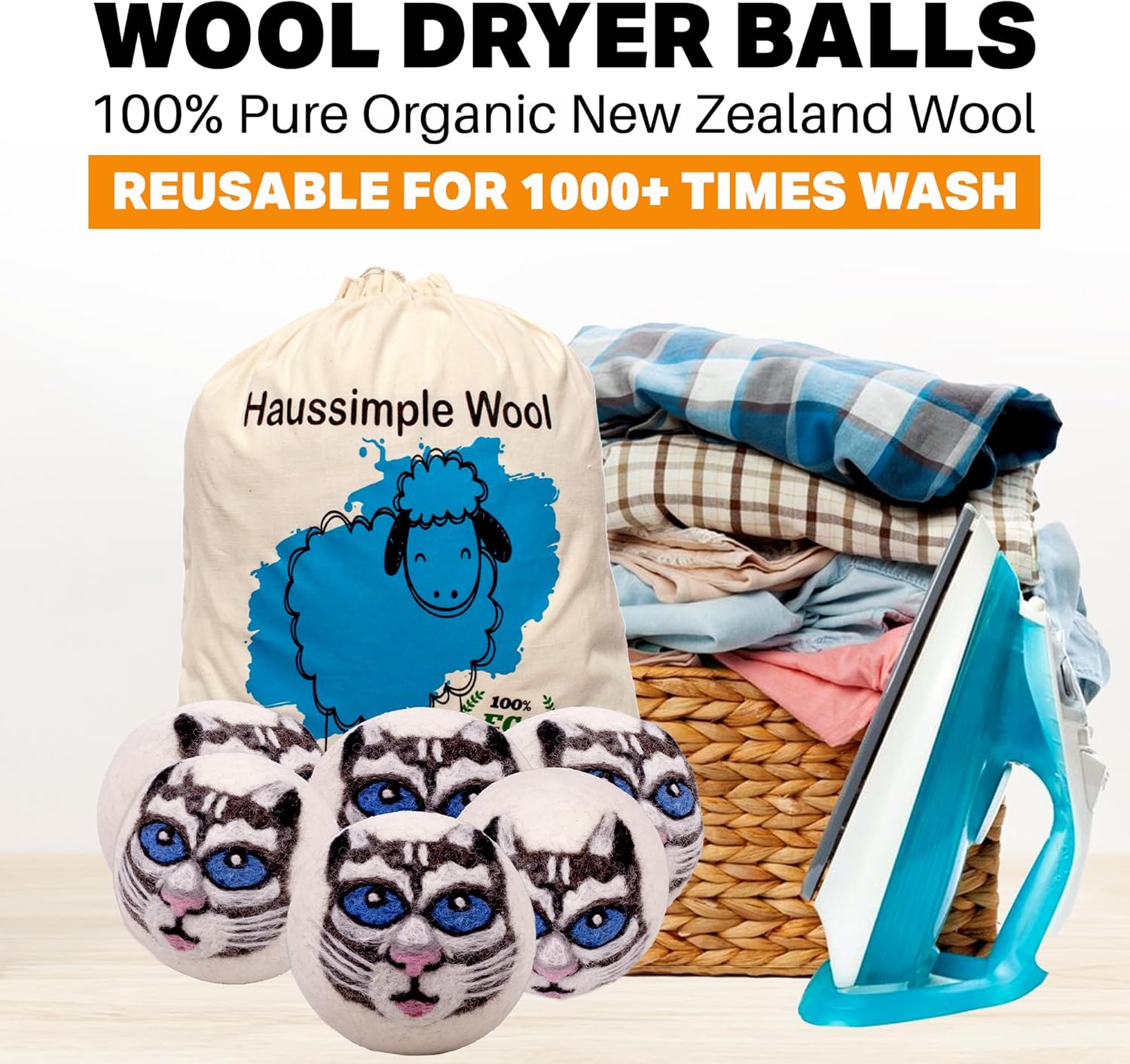 Wool Dryer Balls Organic Felt 6 Pack Laundry Fabric Softener, Extra Large Reusable Handmade Natural