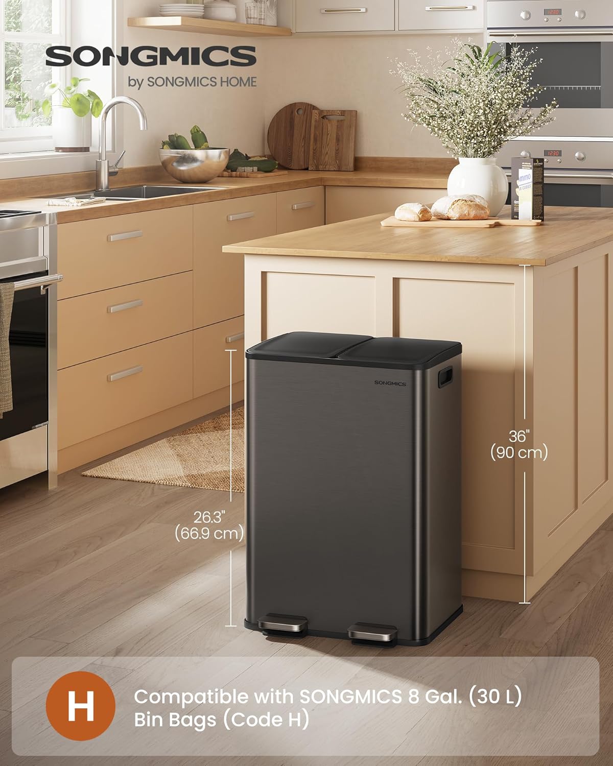 SONGMICS Trash Can, 2 x 8 Gallon (2 x 30 L) Dual-Compartment Garbage Can with Soft-Close Lid, Pedal