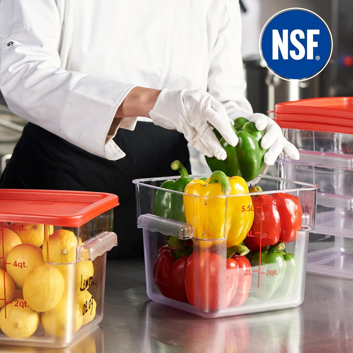 CURTA 4 Pack Food Storage Container with Red Lid - NSF Commercial Grade in 6.0 Qt - Square, Clear