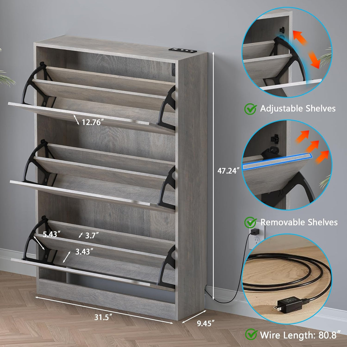 Shoe Cabinet with Odor Control and Back Panels, Deodorizing Slim 3-Flip Shoe Storage Cabinet for