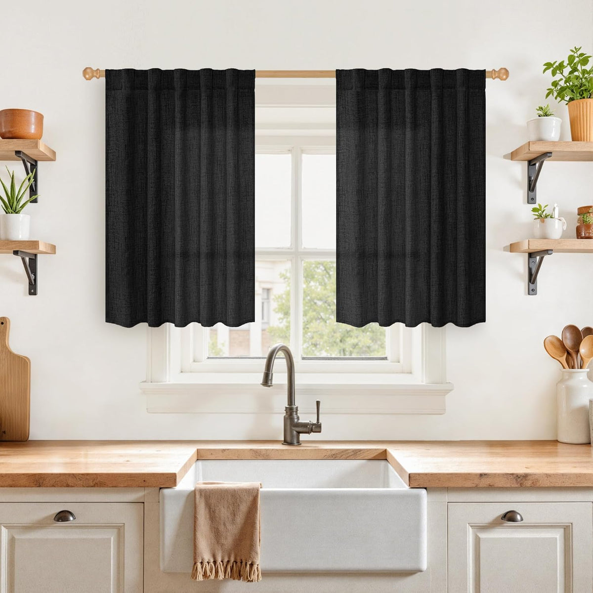 YoungsTex Black Linen Curtains 36 Inch Long for Kitchen 2 Panels, Light Filtering SemI Sheer Drapes