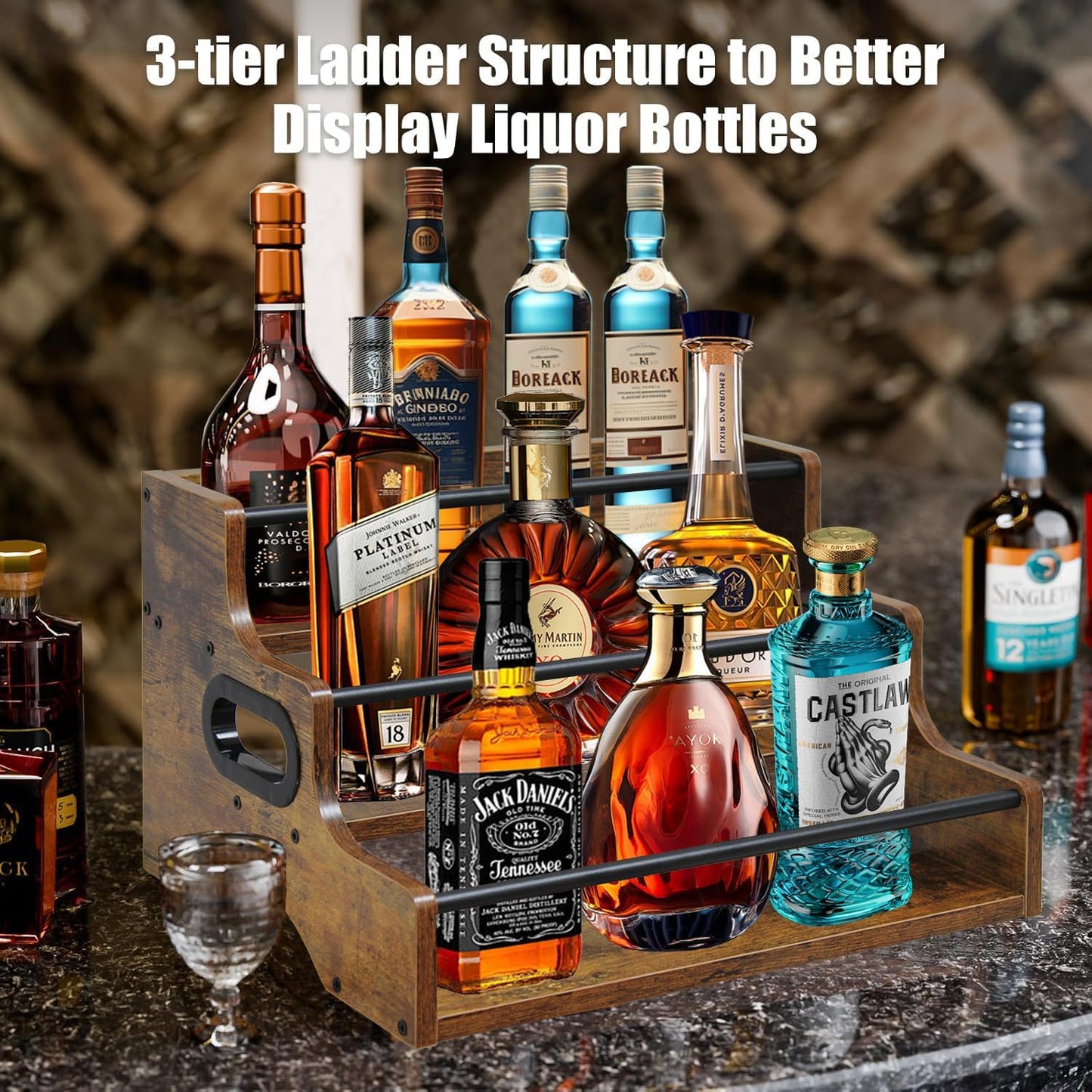 AT-VALY 3-Tier Spice Rack, Iron&MDF Kitchen Storage Shelf, Space-Saving Countertop Organizer for