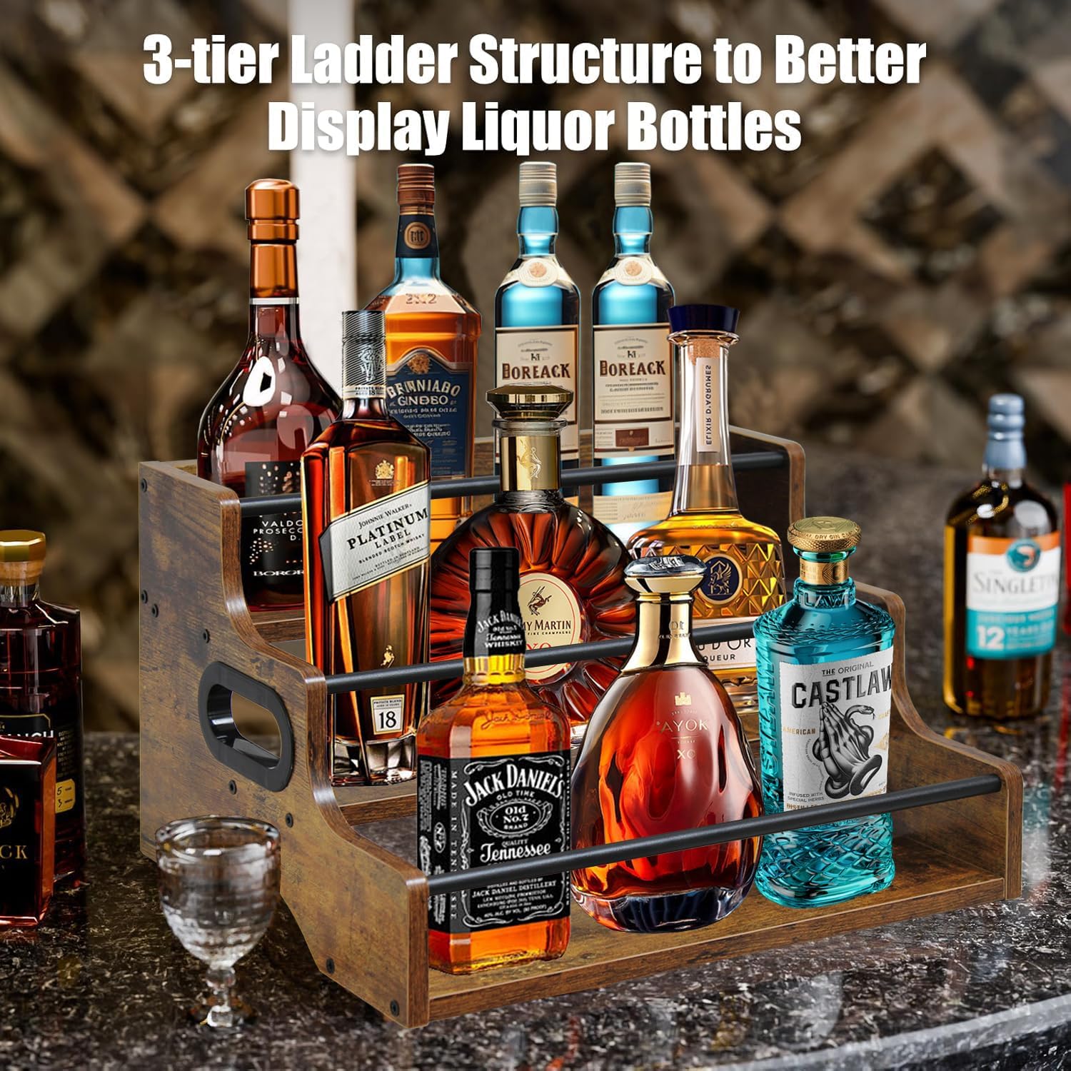 AT-VALY 3-Tier Spice Rack, Iron&MDF Kitchen Storage Shelf, Space-Saving Countertop Organizer for