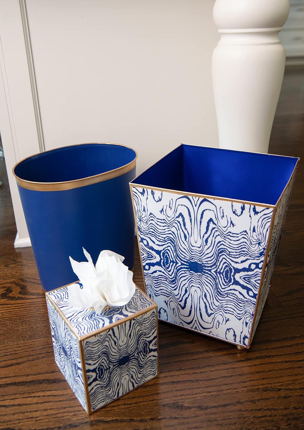 Jaye's Studio Mattie Line, Oval Wastebasket & Garbage Bin, Gold Trim & Finish, Hand-Painted