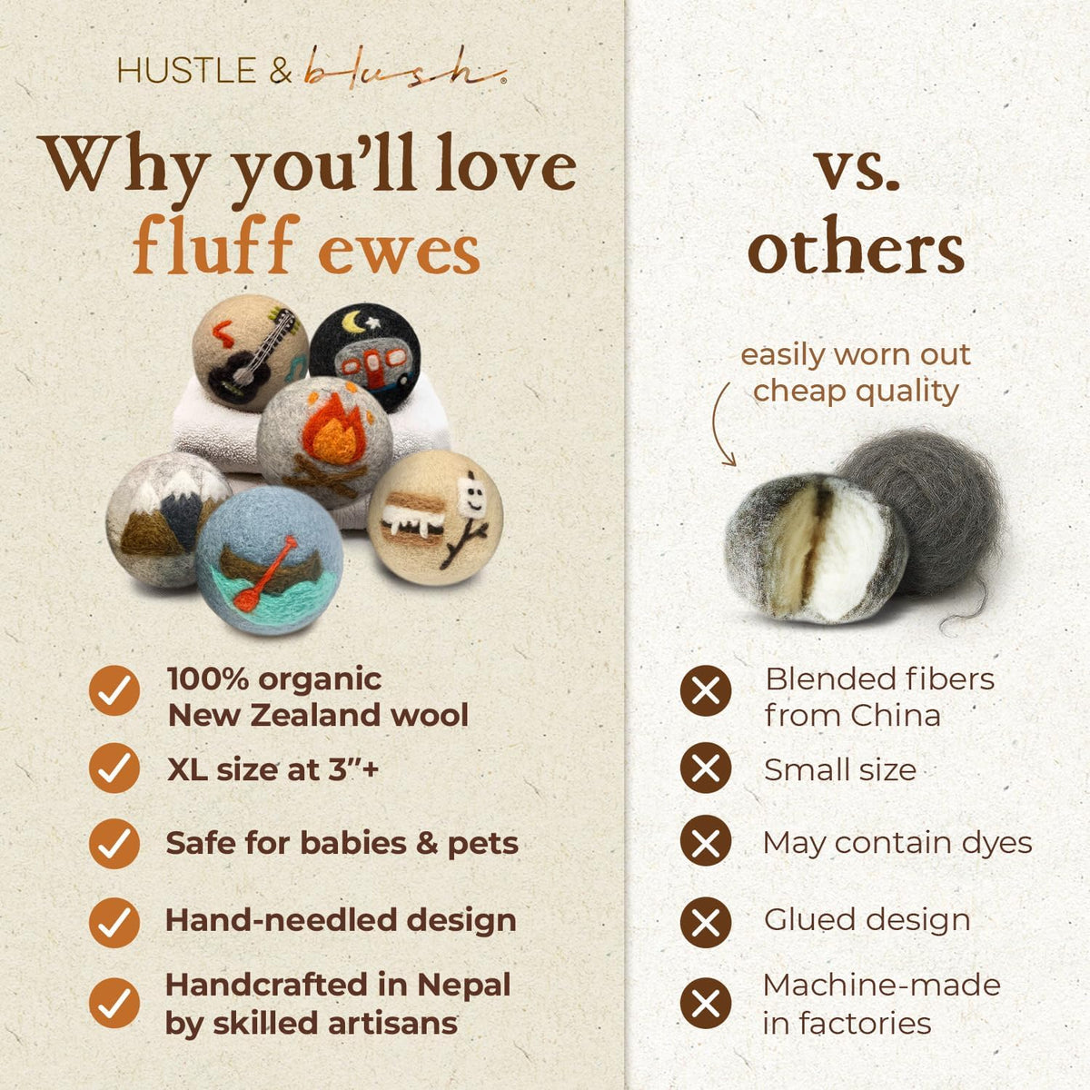 Fluff Ewes Wool Dryer Balls 6 Pack Premium New Zealand Wool Laundry Balls for Dryer, No Static