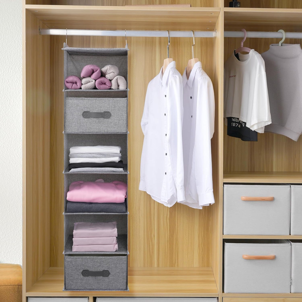 Large Hanging Sweater Organizer for Closet,Collapsible 6-Shelf Hanging Closet Shelves with Drawers