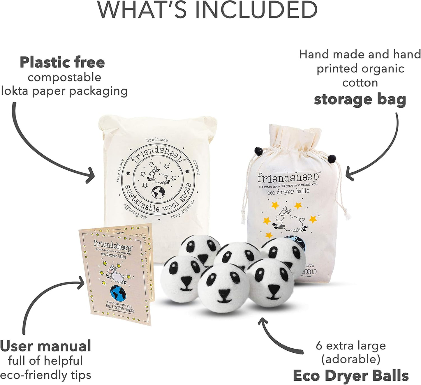 Friendsheep Wool Dryer Balls 6 Pack XL Organic Premium Reusable Cruelty Free Handmade Fair Trade No