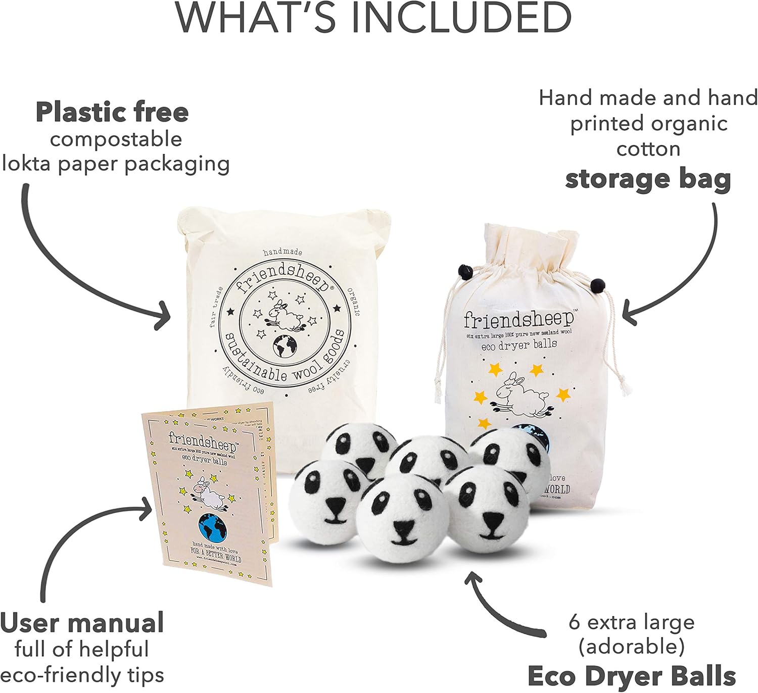 Friendsheep Wool Dryer Balls 6 Pack XL Organic Premium Reusable Cruelty Free Handmade Fair Trade No