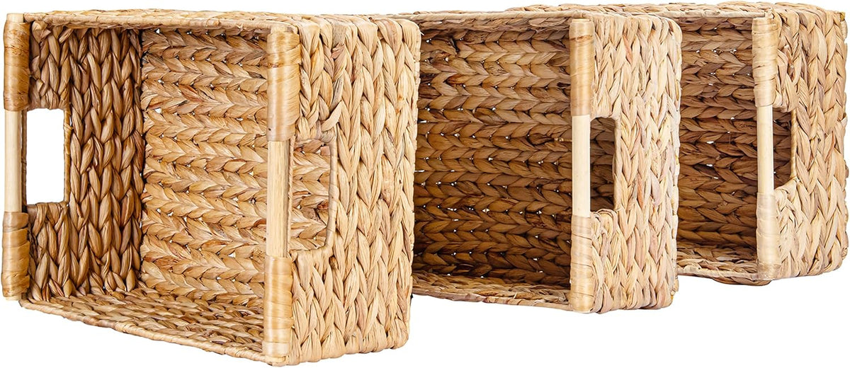 Large Wicker Basket Rectangular with Wooden Handles for Shelves, Water Hyacinth Basket Storage