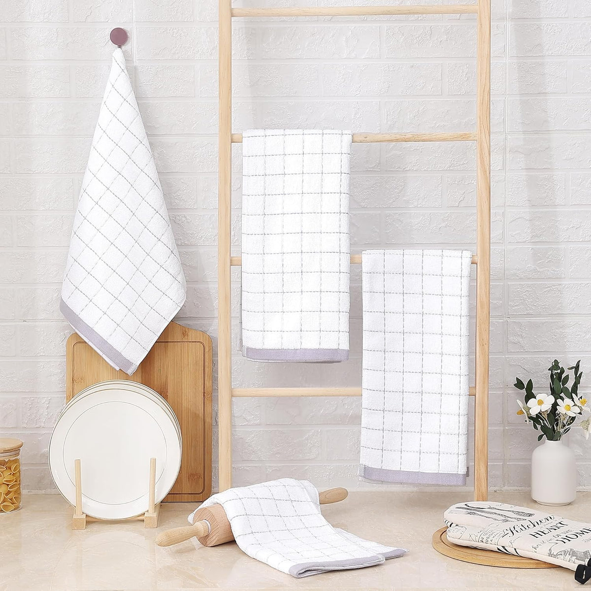 Homaxy 100% Cotton Terry Kitchen Towels(White, 13 x 28 inches), Checkered Designed, Soft and Super