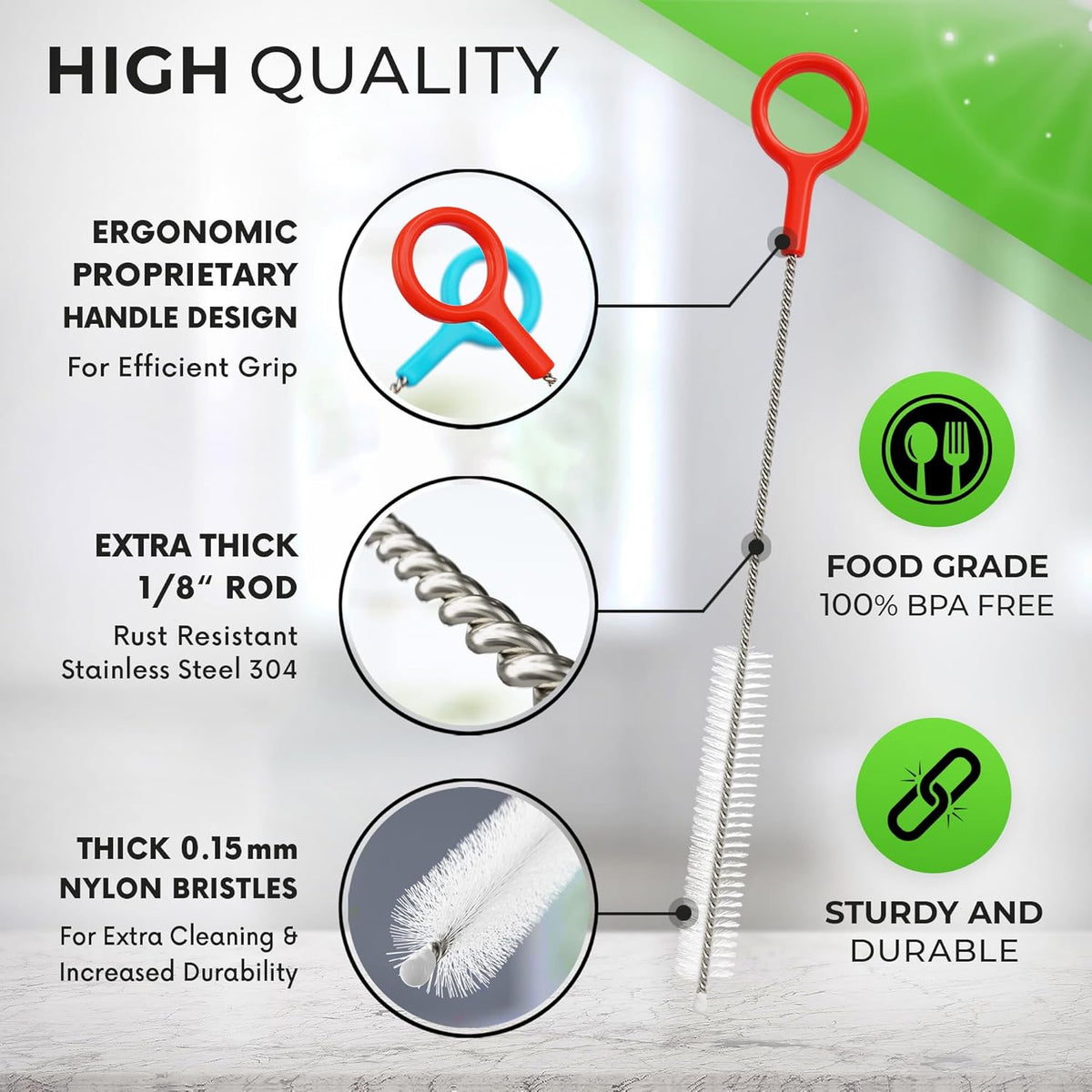 Heavy Duty Cleaning Brushes Set of 8 - Extra Long Straw Cleaners for Metal and Plastic Reusable