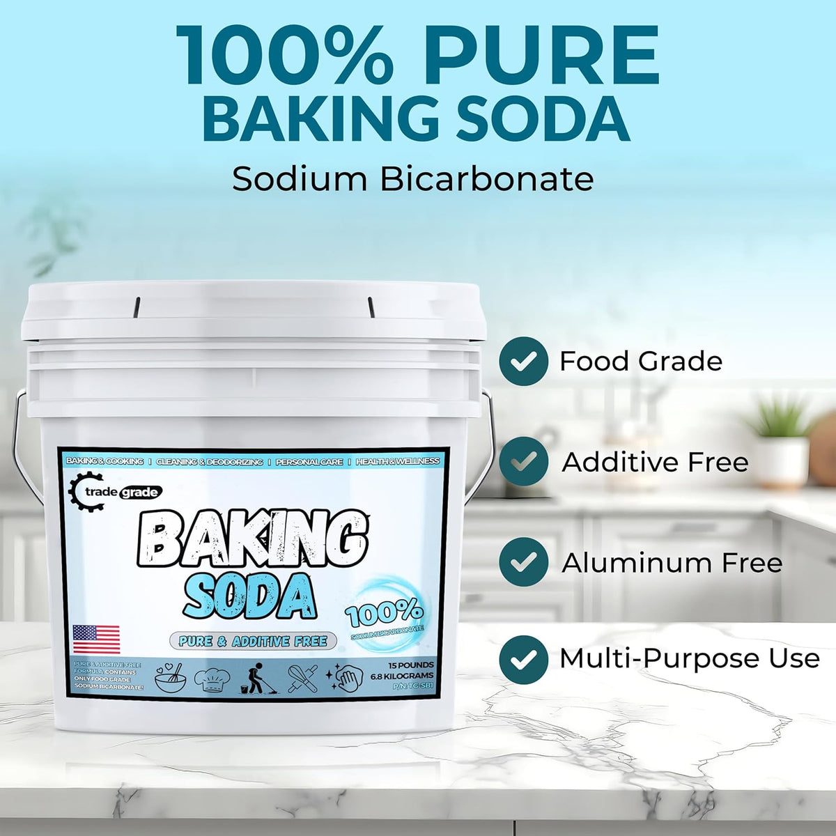 TradeGrade Pure Baking Soda Powder – 15 lb Bucket, Sodium Bicarbonate Powder | Premium Food-Grade