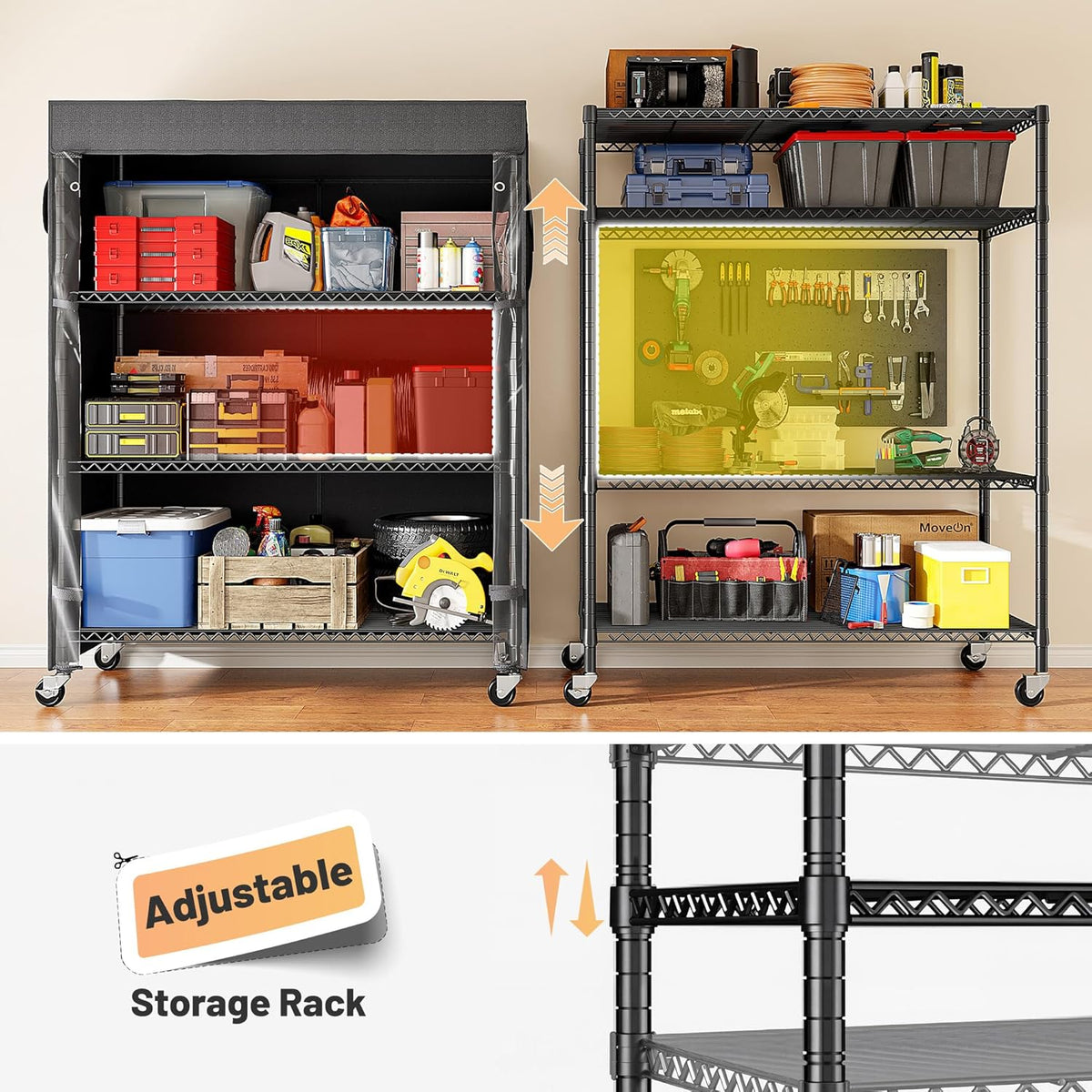 REIBII 4-Tier Storage Shelves Wire Shelving Unit with Cover & Wheels, Heavy Duty Metal Shelving for