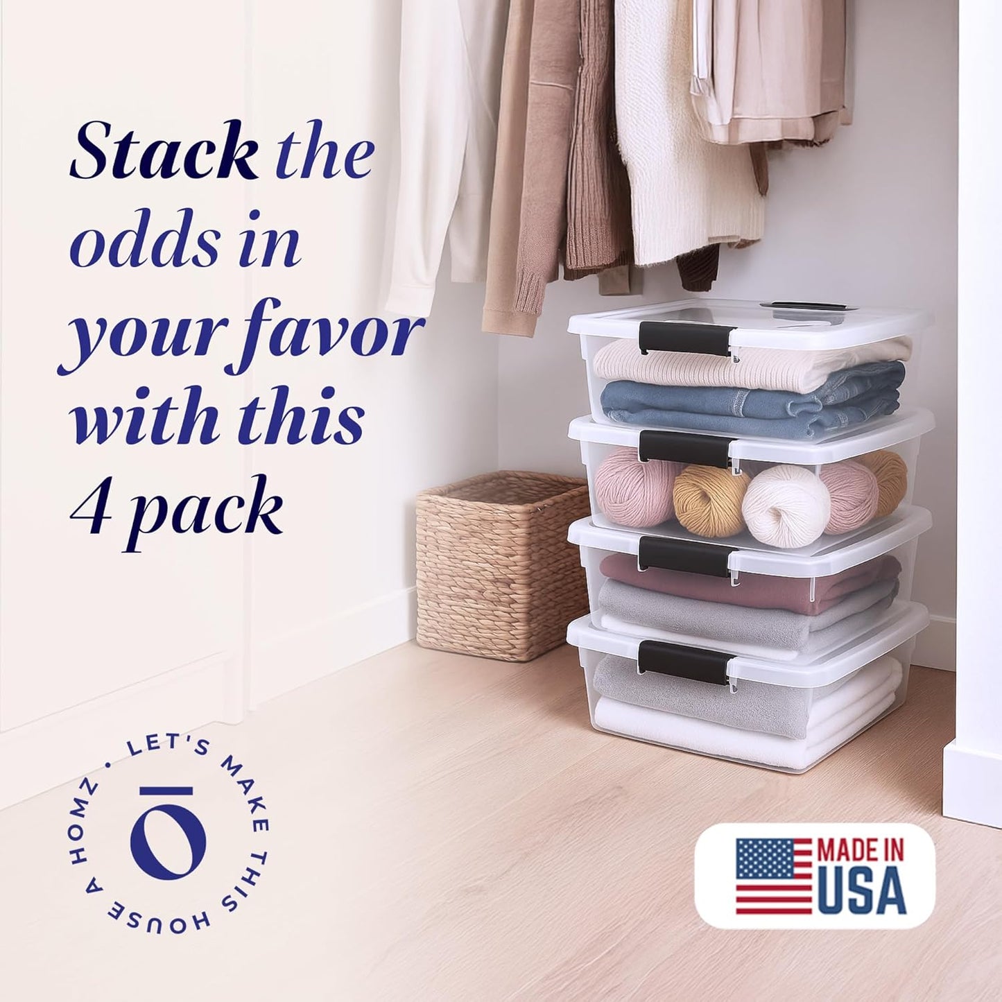 HOMZ 4-Pack Latching Lid, Clear Plastic Storage Organizer Bins, 15.5 Quart, Gray Latch - Stackable