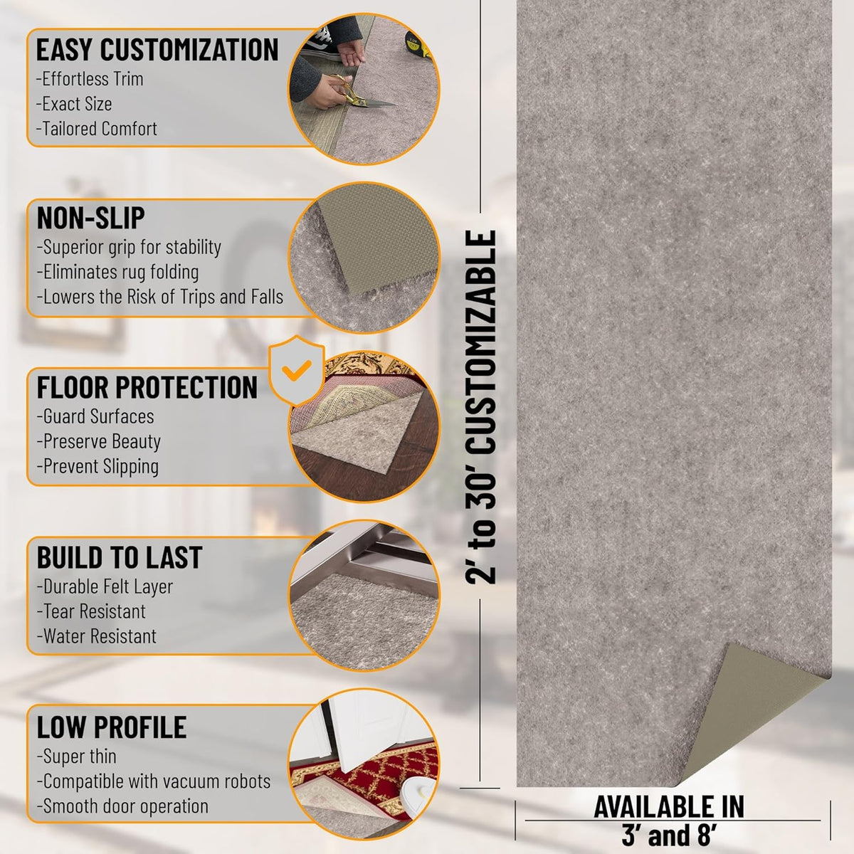 Ottomanson 3' x 3' Non-Slip Rug Pad Gripper 1/4 Inch Thick Dual Surface Felt + Rubber Gripper