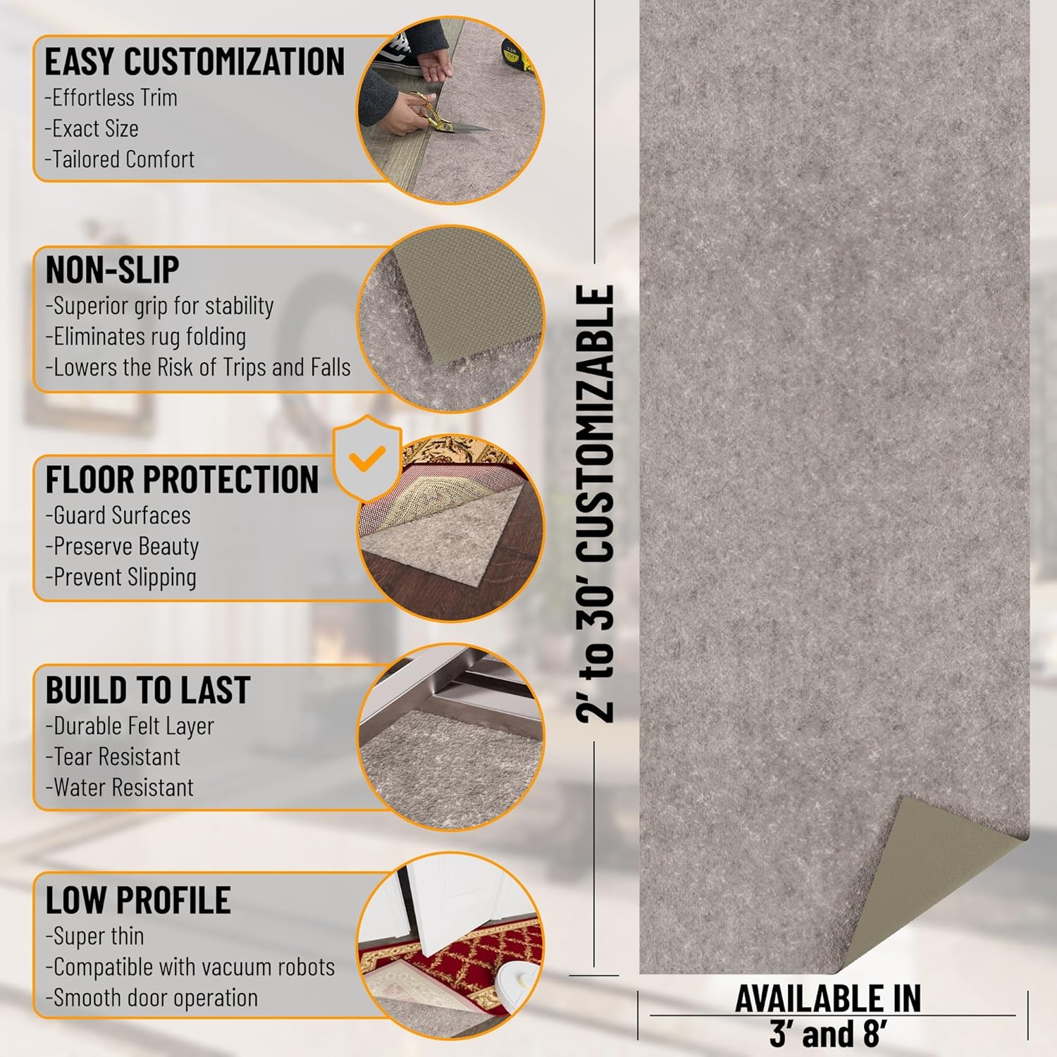 Ottomanson 8' x 10' Non-Slip Rug Pad Gripper 1/4 Inch Thick Dual Surface Felt + Rubber Gripper