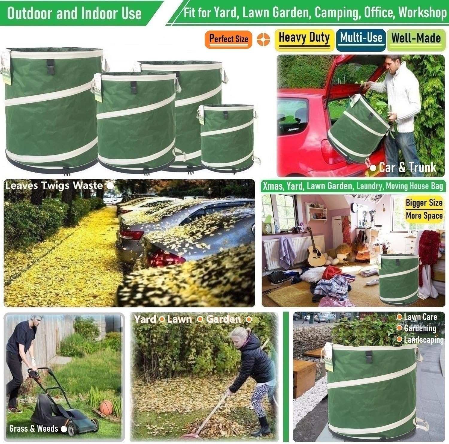 32-Gallon Collapsible Trash Can (19x25 in) Hard-Shell Bottom Yard Garden Bag for Pop-Up Recycling