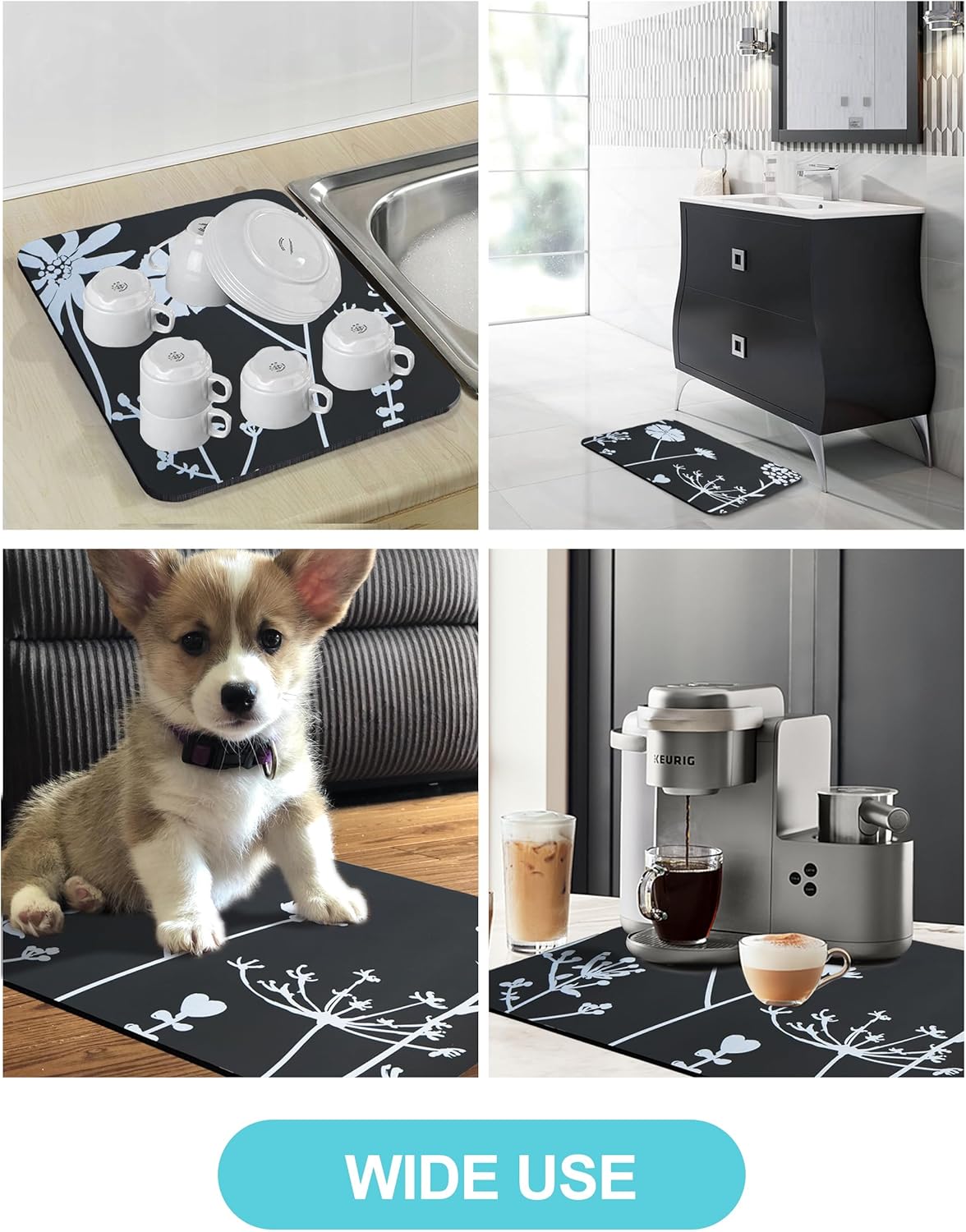 Dish Drying Mat for Kitchen Counter, 16"x24" Dish Drying Pad with Non-slip Rubber Backed, Hide