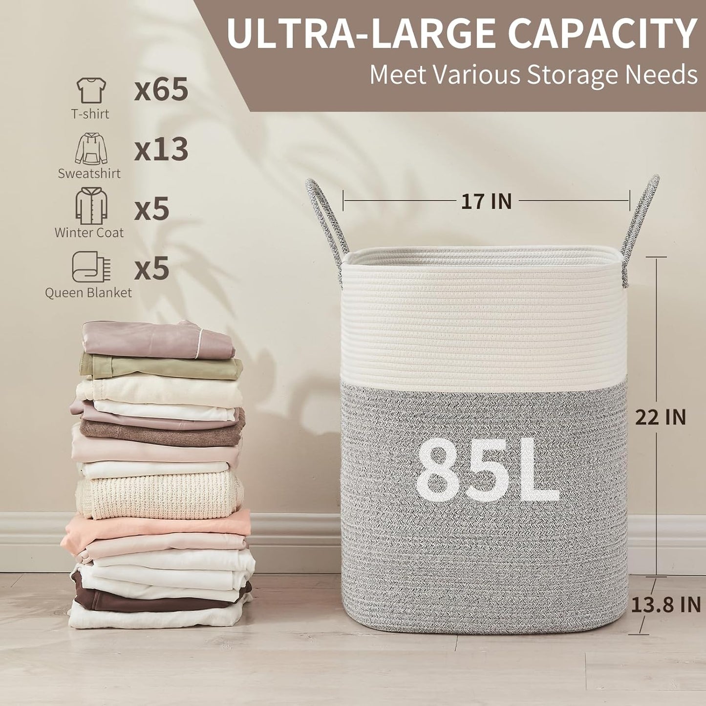 Laundry Basket with Handles - Blanket Basket & Hampers for Bedroom Aesthetic, Laundry Hamper &