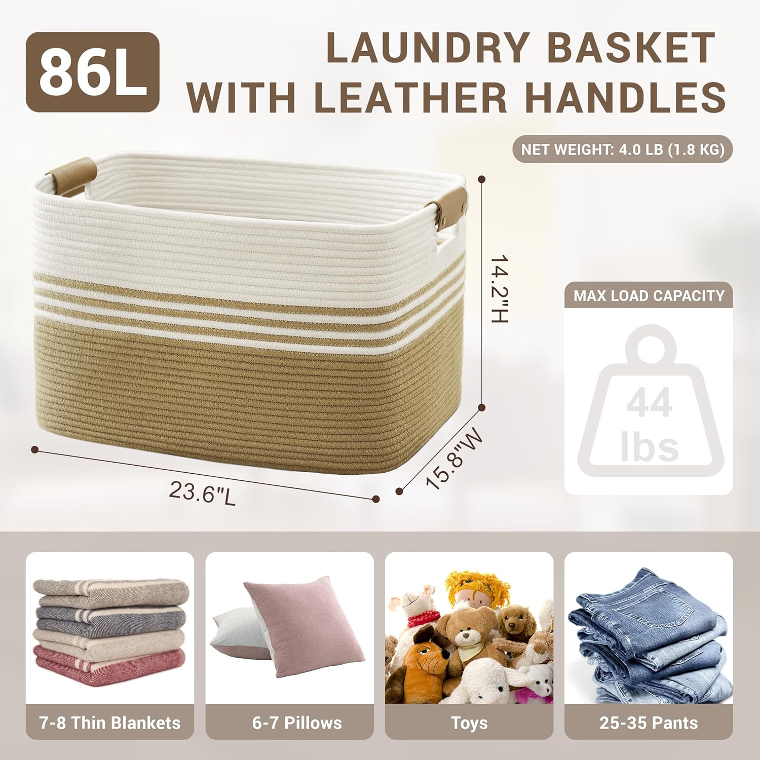 86L Extra Large Laundry Basket with Leather Handles for Living Room Storage, Woven Rope Baskets for
