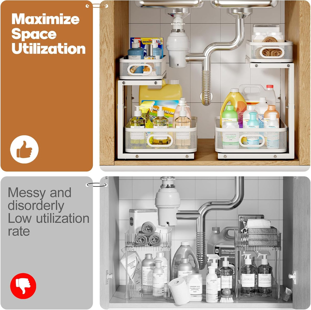 2 Pack Under Sink Organizer With Smooth Cylindrical Rail,2-Tier Pull Out Multi-Purpose Cabinet