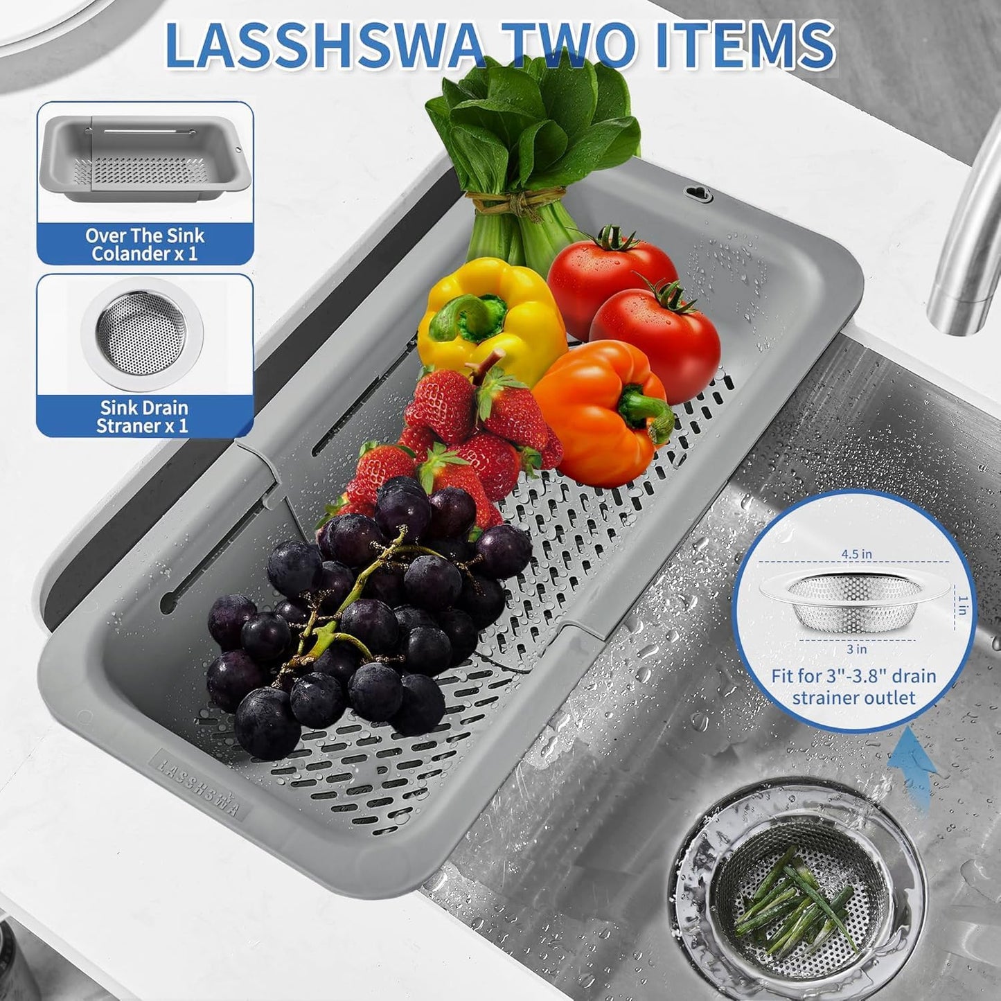 LASSHSWA Collapsible Colander and Strainer for Kitchen, Over the Sink Strainer Basket for Kitchen