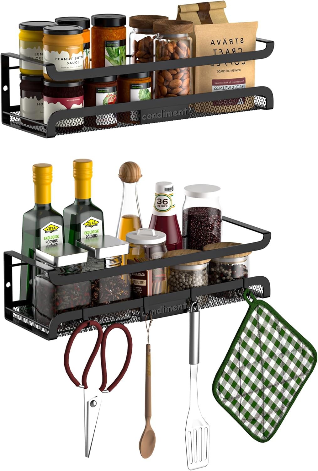 Spice Rack Wall Mount with Hooks - Spice Racks Organizer for Cabinet Storage, Wall Mounted Hanging