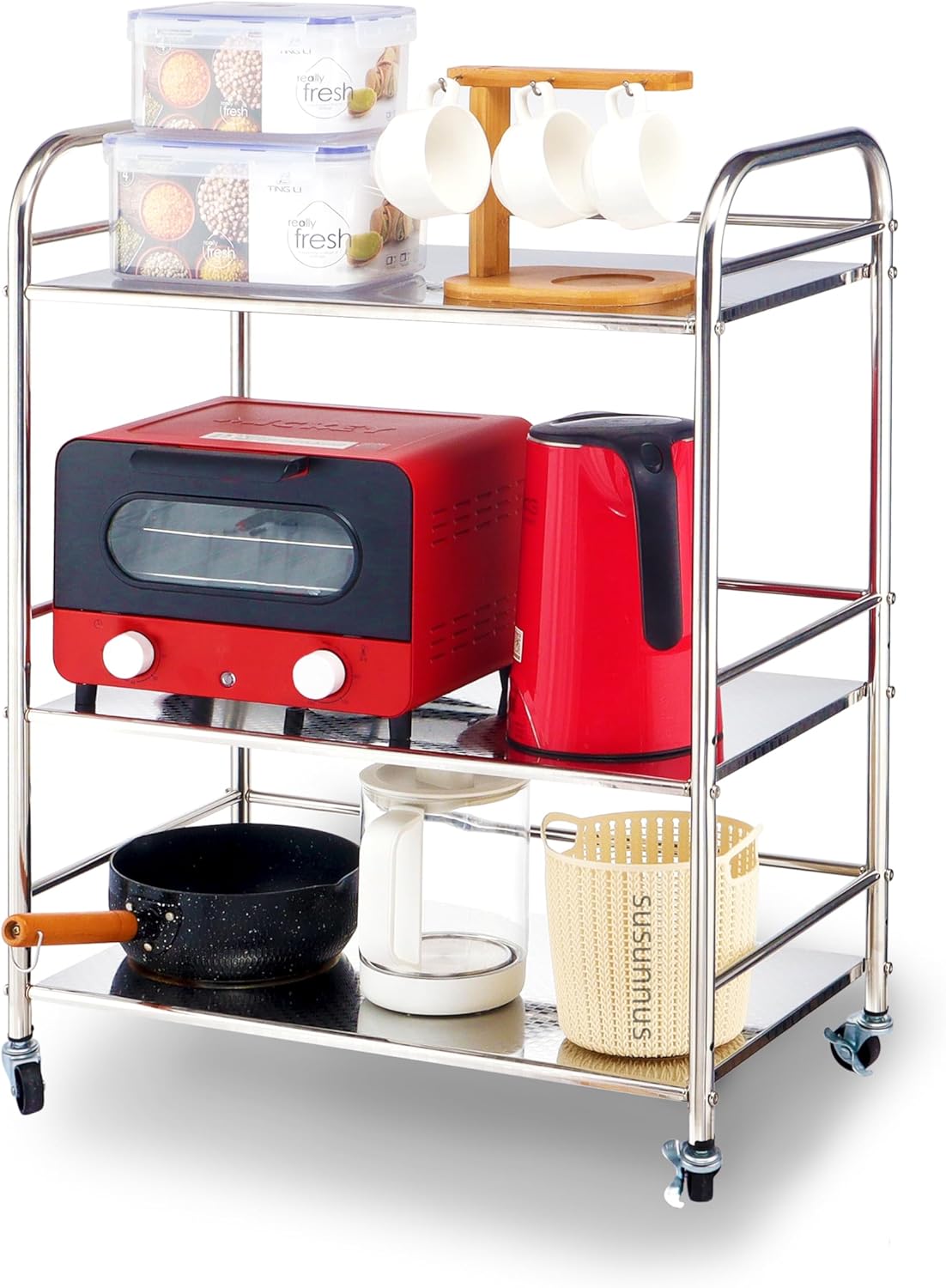 susunnus Stainless Steel Cart with Wheels 3 Tier,Stainless Steel Kitchen Cart,Utility Cart,Metal