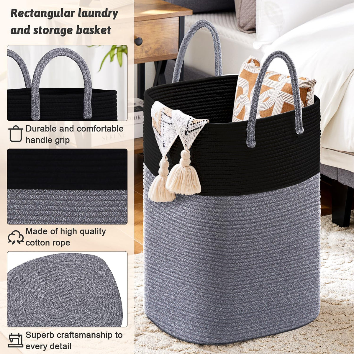 Laundry Basket,Woven Cotton Rope Laundry Hamper,Versatile Storage for Dirty Clothes,Baby Toys,and