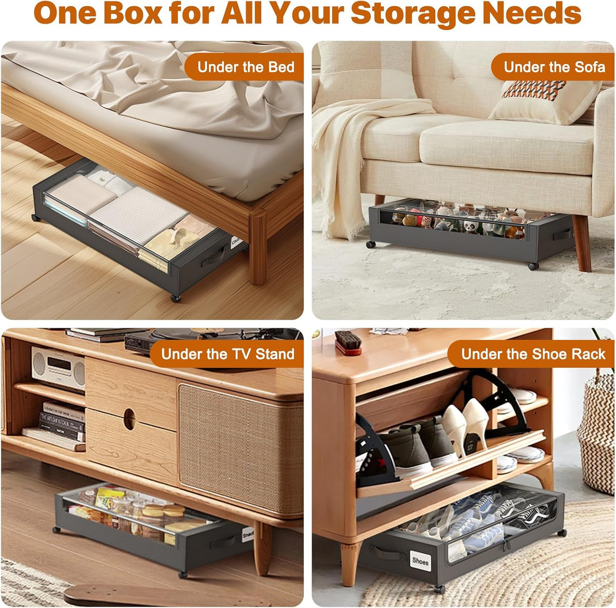 Under Bed Storage with Wheels,XXL 60L Under Bed Storage Containers with Clear Lids, Rolling Under