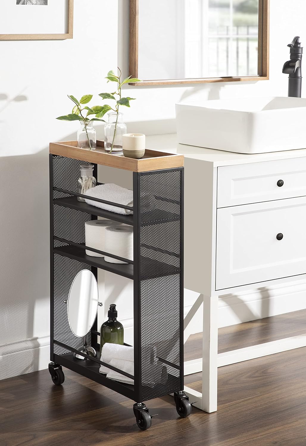 Kate and Laurel Piazza Decorative Slim Storage Cart, 18 x 7 x 30, Natural Wood and Black